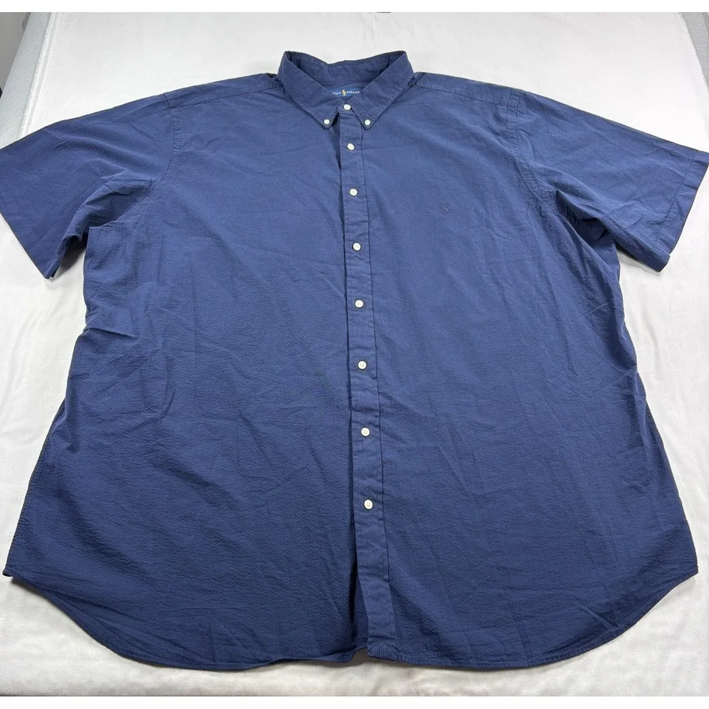 Polo Ralph Lauren Shirt Mens 4XLT Tall Blue Seersucker Button Up Short Sleeve